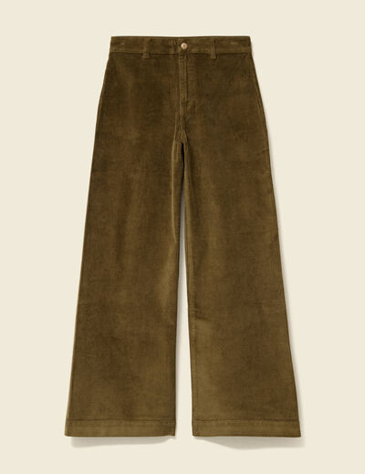 Pantalon large taille haute en velours vert kaki femme