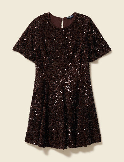 Robe manches courtes &agrave; sequins marron femme