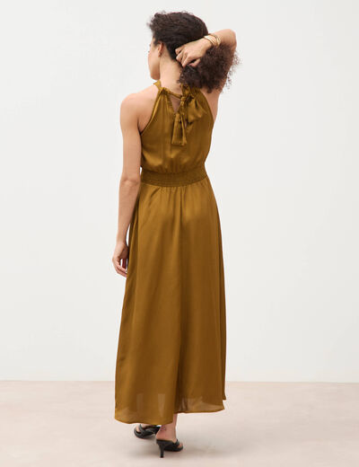 Robe satin&eacute;e col montant sans manches vert olive femme