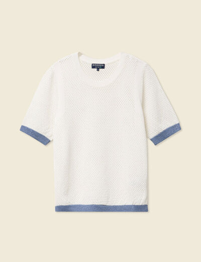 Pull manches courtes ajouré ecru femme