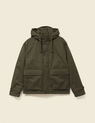 Parka droite courte &agrave; capuche vert kaki homme