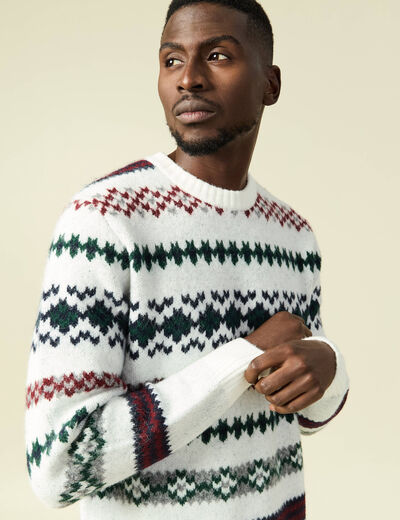 Pull manches longues col rond ecru homme