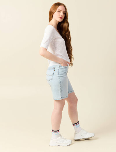 Pull manches courtes ajouré blanc femme
