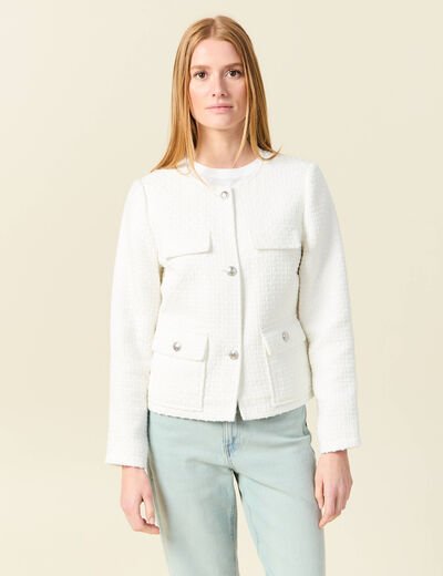 Veste tweed manches longues doublée ecru femme