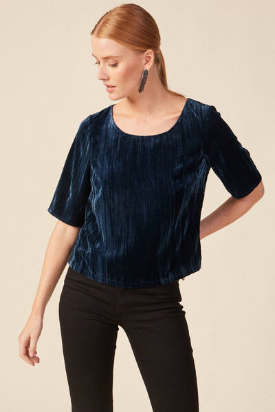 Blouse velours éco-responsable bleu canard femme