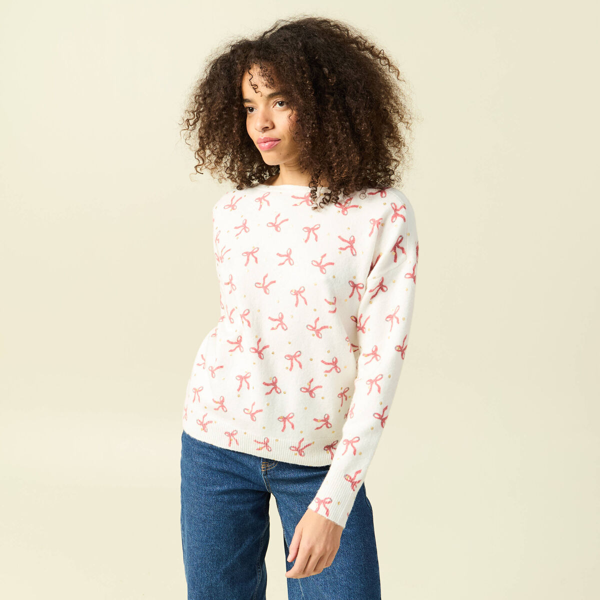 Pull de no&euml;l col bateau manches longues creme femme