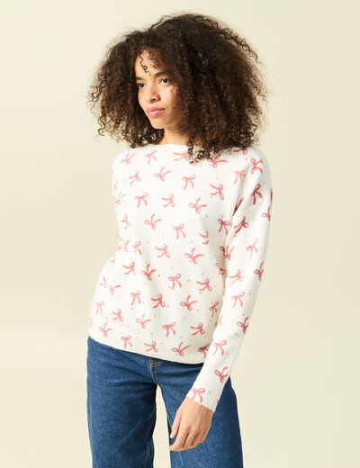 Pull de no&euml;l col bateau manches longues creme femme