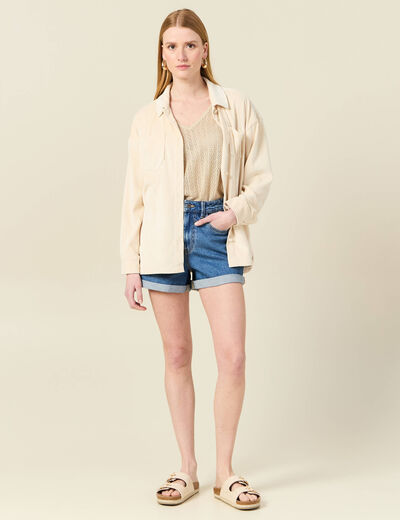 Pull manches courtes ajouré creme femme