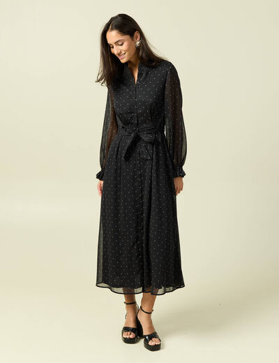 Robe longue &eacute;vas&eacute;e col v manches longues noir femme