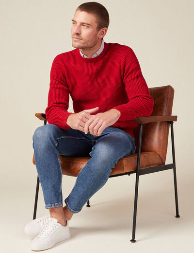 Pull manches longues col rond rouge fonc&eacute; homme