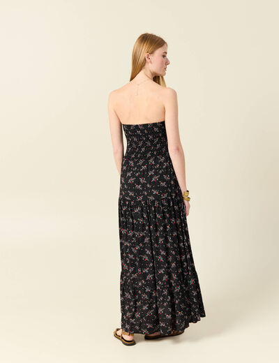 Robe longue évasée col bustier noir femme