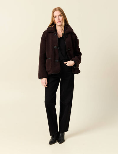 Manteau court droit effet polaire marron foncé femme