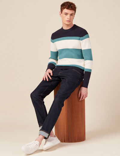 Pull fin col rond manches longues bleu p&eacute;trole homme
