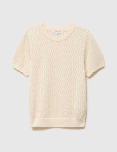 Pull col rond manches courtes creme femme