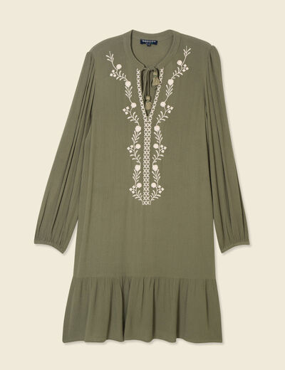 Robe évasée broderie vert kaki femme
