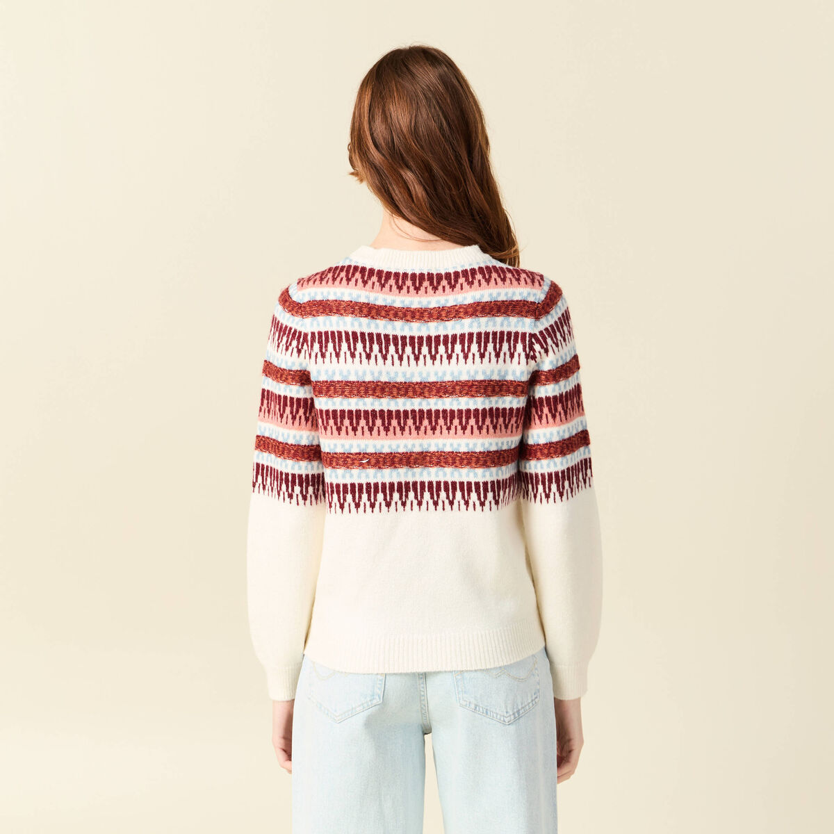 Pull manches longues col rond ecru femme