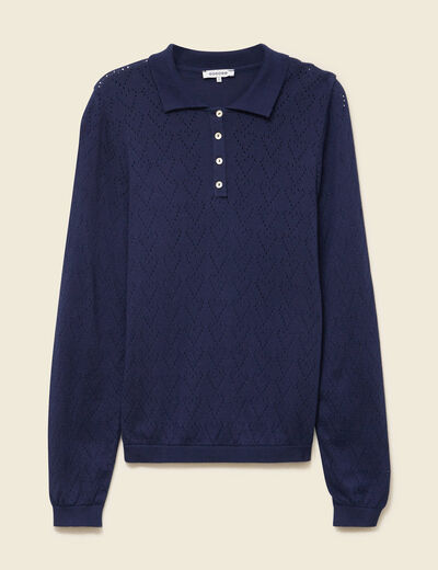Pull ajouré manches longues en coton bleu marine femme