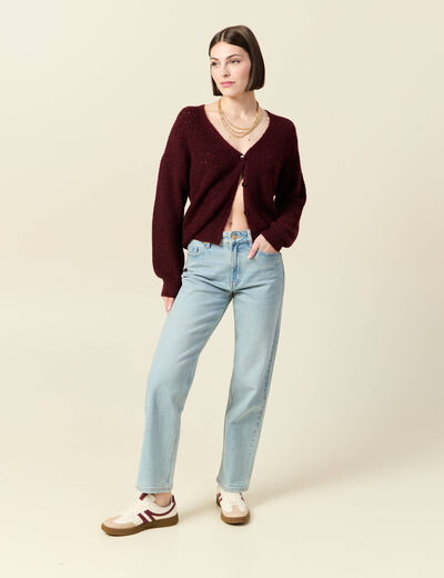 Gilet ajouré col V manches longues bordeaux femme