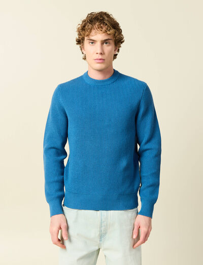 Pull fin manches longues col rond bleu fonc&eacute; homme