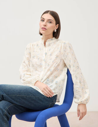Chemise manches longues col mao bleu femme