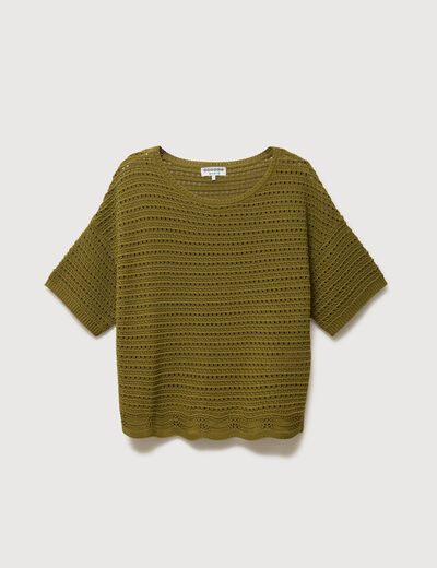 Pull col rond manches courtes vert kaki femme