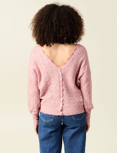 Gilet ajour&eacute; col V manches longues rose pastel femme