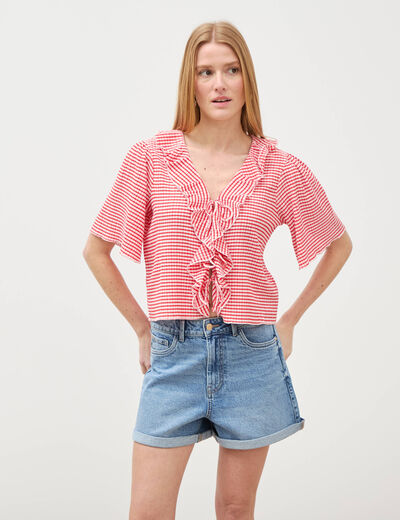 T-shirt col V &agrave; volants manches courtes rouge fonc&eacute; femme