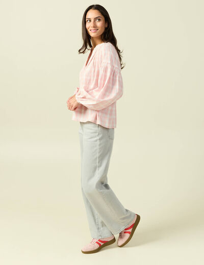 Blouse en coton &agrave; carreaux blanc femme