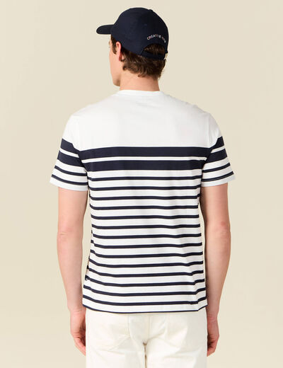 T-shirt ray&eacute; col rond manches courtes ecru homme