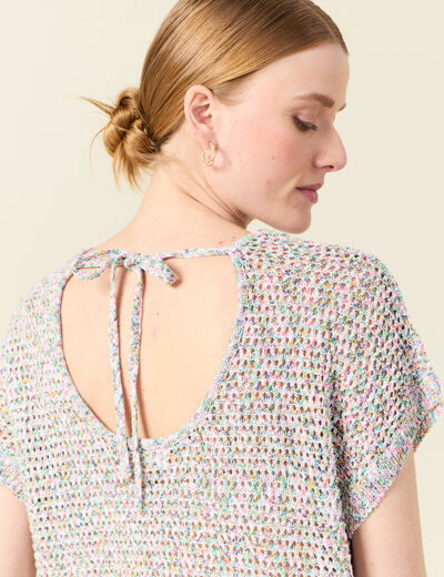 Pull crochet manches courtes vert kaki femme