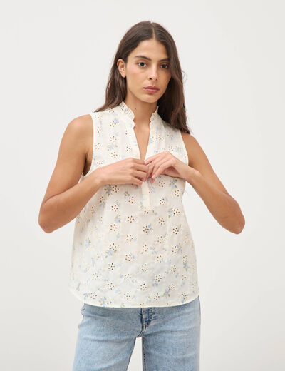 Blouse droite sans manches col montant bleu femme
