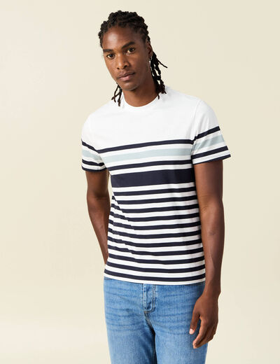 T-shirt ray&eacute; col rond manches courtes bleu marine homme