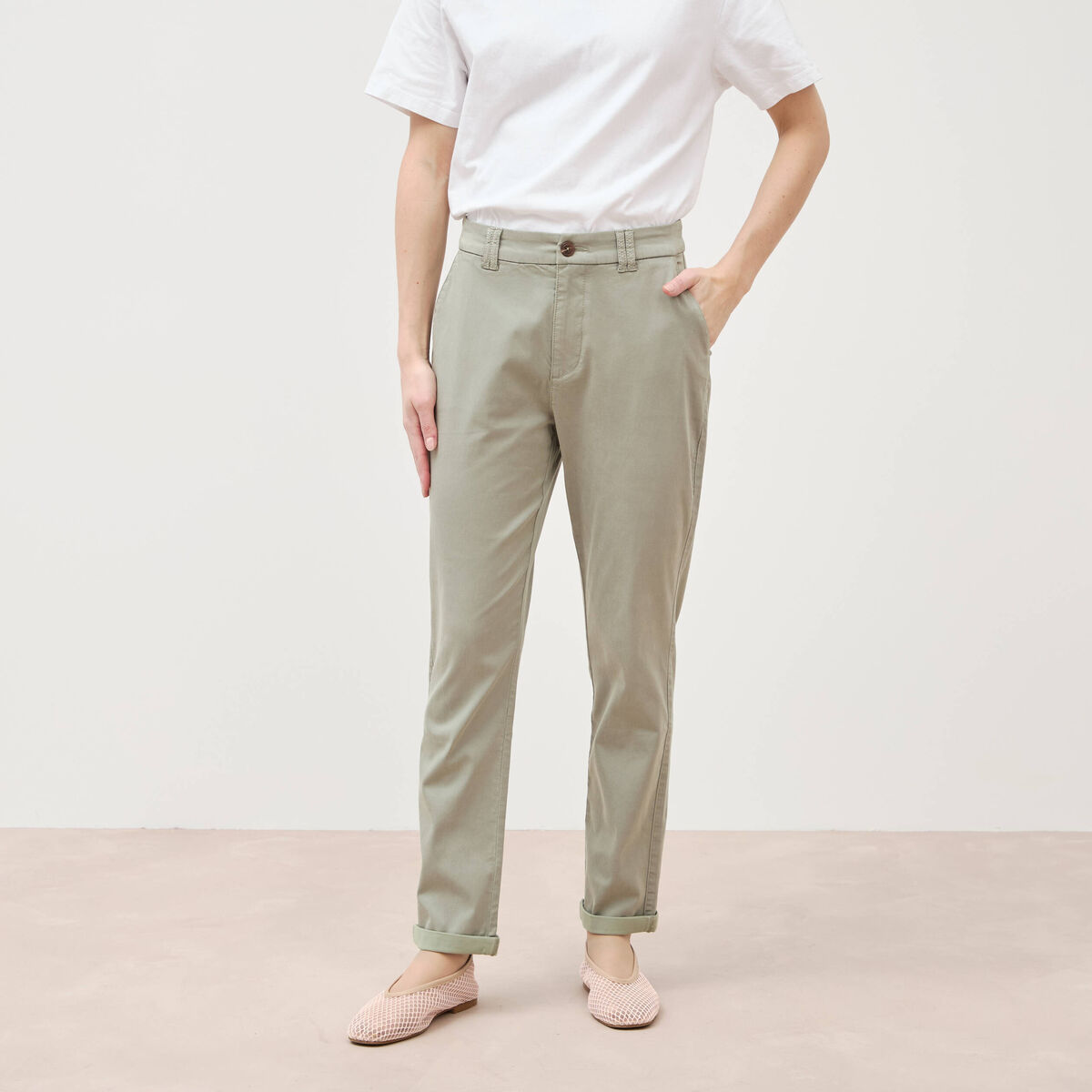 Chino cigarette 7/8&egrave;me taille haute vert kaki femme