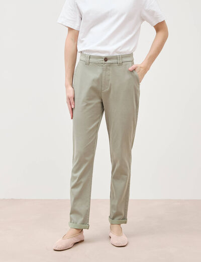 Chino cigarette 7/8&egrave;me taille haute vert kaki femme