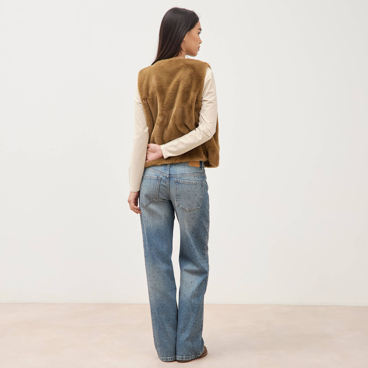 Gilet sans manches doubl&eacute; camel femme