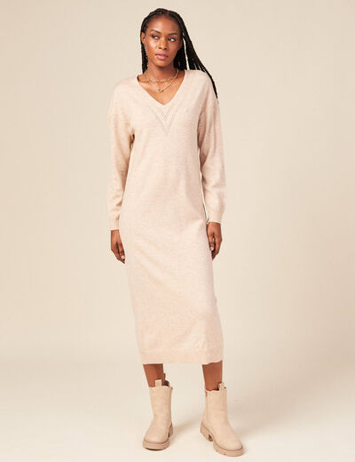 Robe cintr&eacute;e col v manches 3/4 creme femme