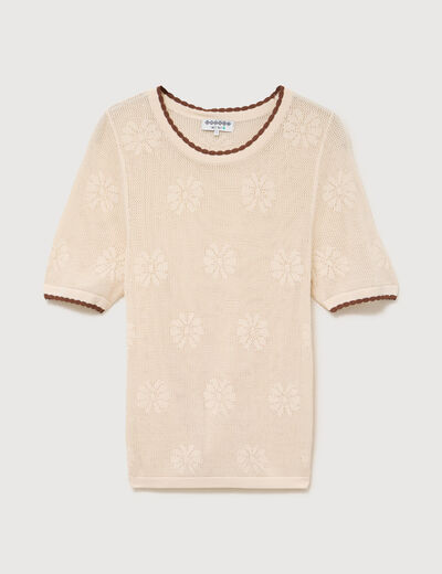 Pull droit court manches courtes ecru femme