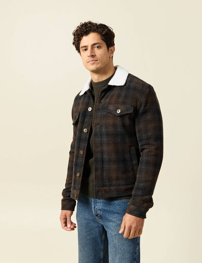 Veste droite courte col chemise marron fonc&eacute; homme
