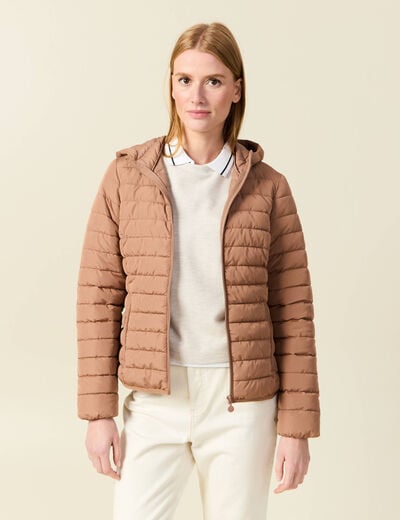 Doudoune ajust&eacute;e mi-longue &agrave; capuche marron clair femme