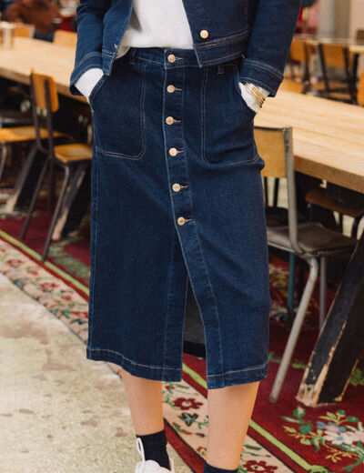 Jupe midi droite en jean denim brut femme