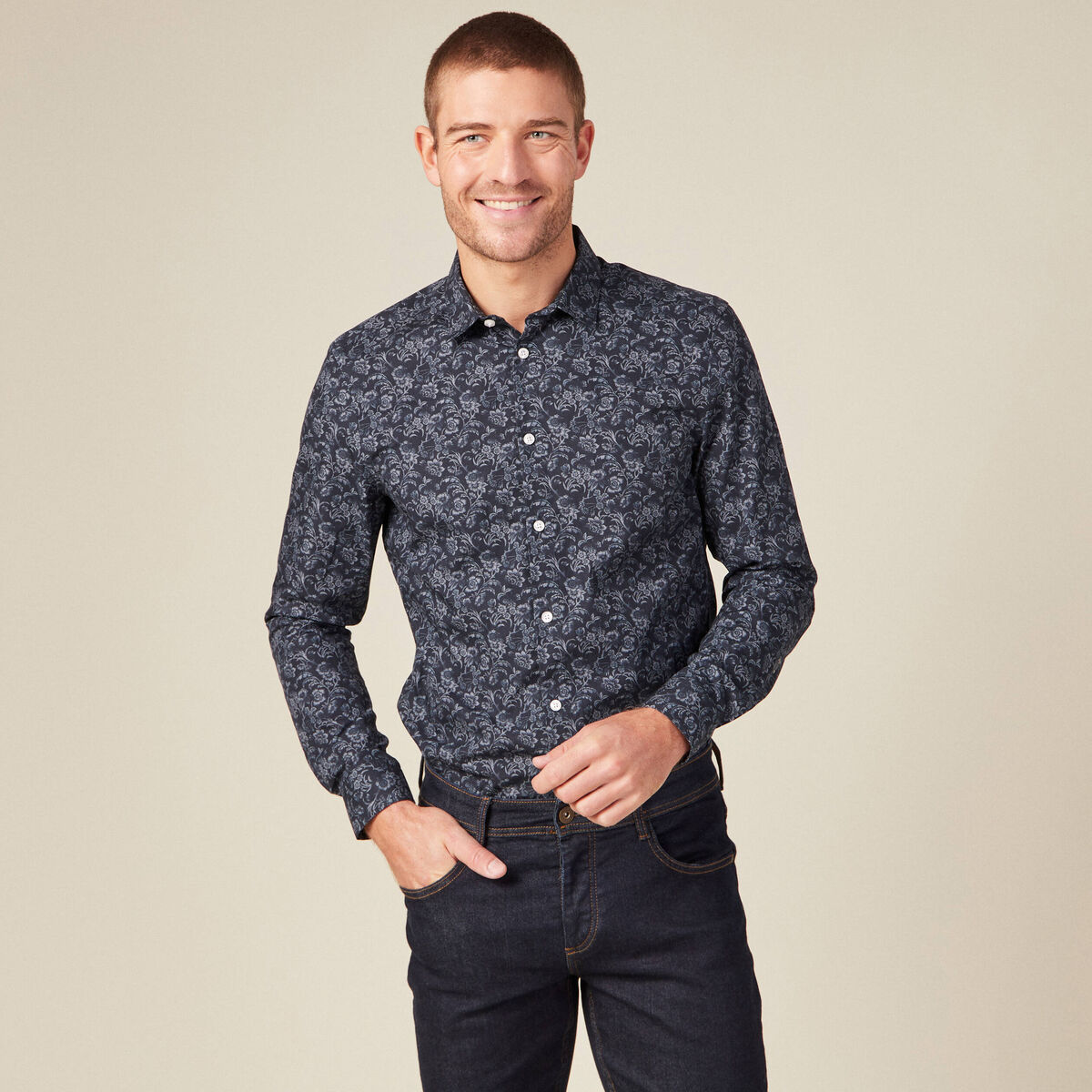 Chemise à manches longues bleu marine homme