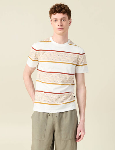 T-shirt ray&eacute; col rond manches courtes ecru homme
