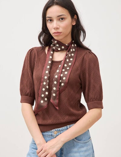 Pull ajour&eacute; droit court manches courtes marron fonc&eacute; femme