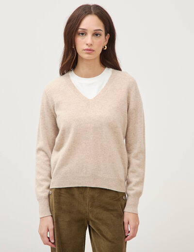 Pull droit col v manches longues creme femme