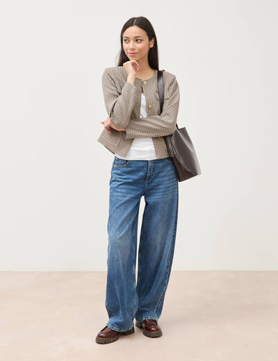 Veste &agrave; carreaux manches longues marron femme