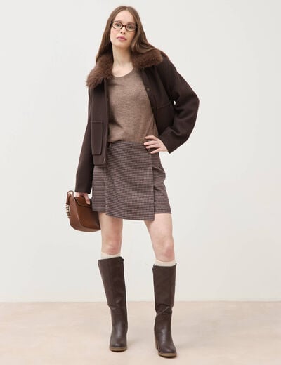 Blouson court oversize col sherpa marron fonc&eacute; femme