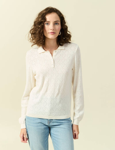 Pull ajour&eacute; manches longues en coton ecru femme