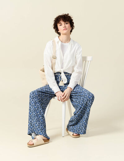 Pantalon large ceinturé bleu femme