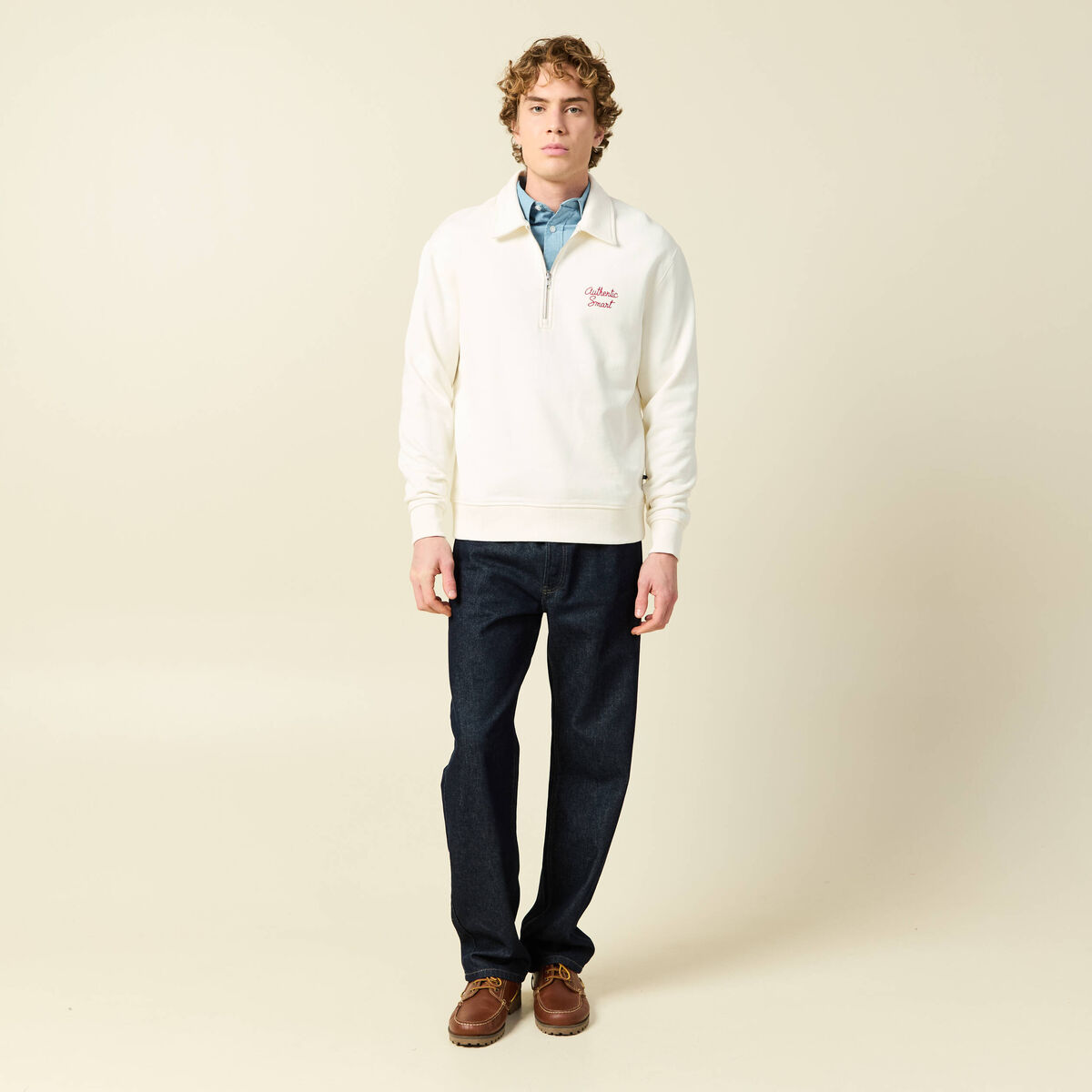 Sweat manches longues col zipp&eacute; en coton ecru homme