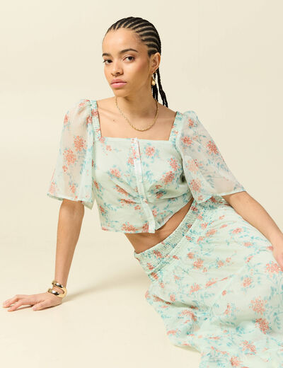 Top cintr&eacute; court voile col carr&eacute; vert pastel femme